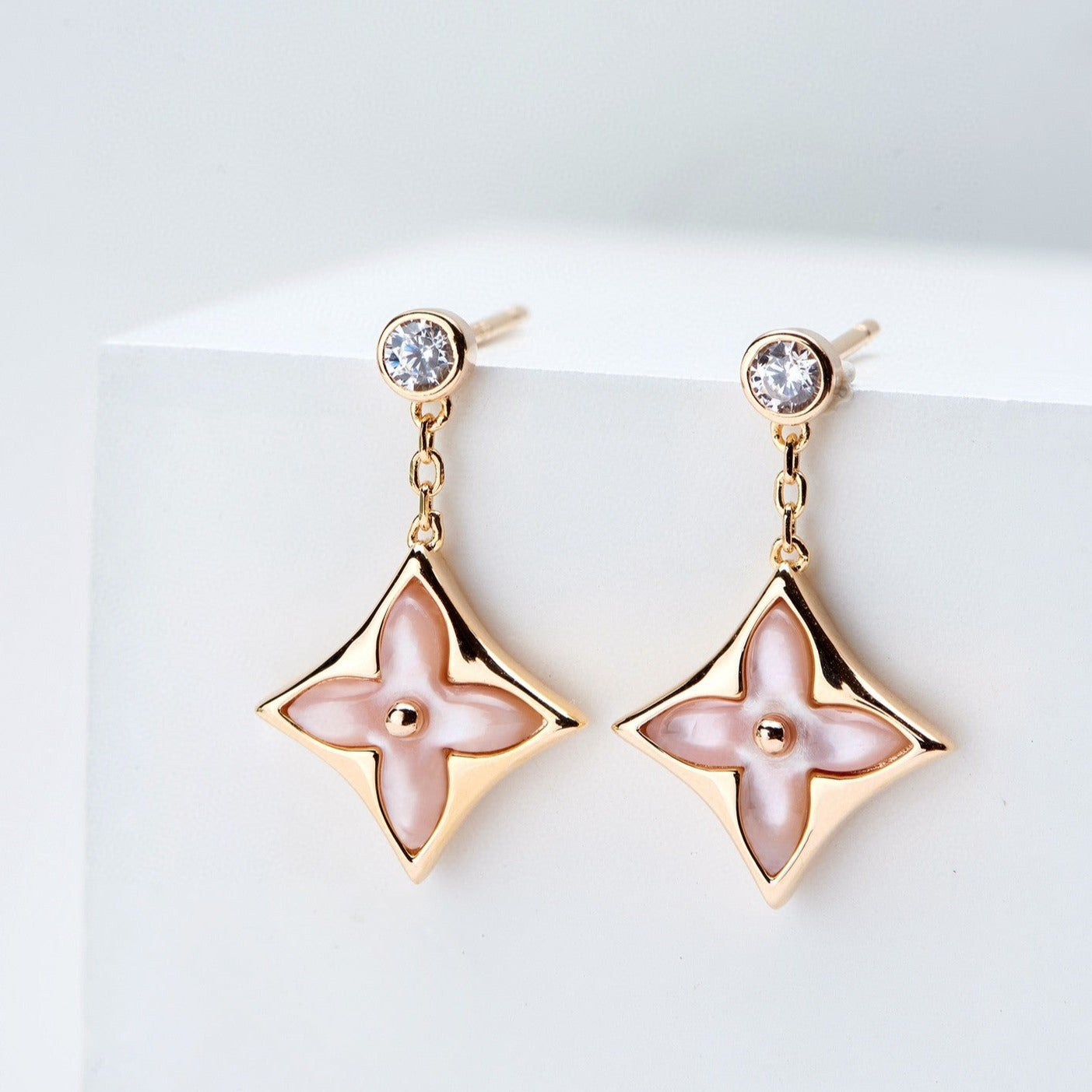 [Imperial] DOUBLE STAR PINK GOLD MOP DROP EARRINGS