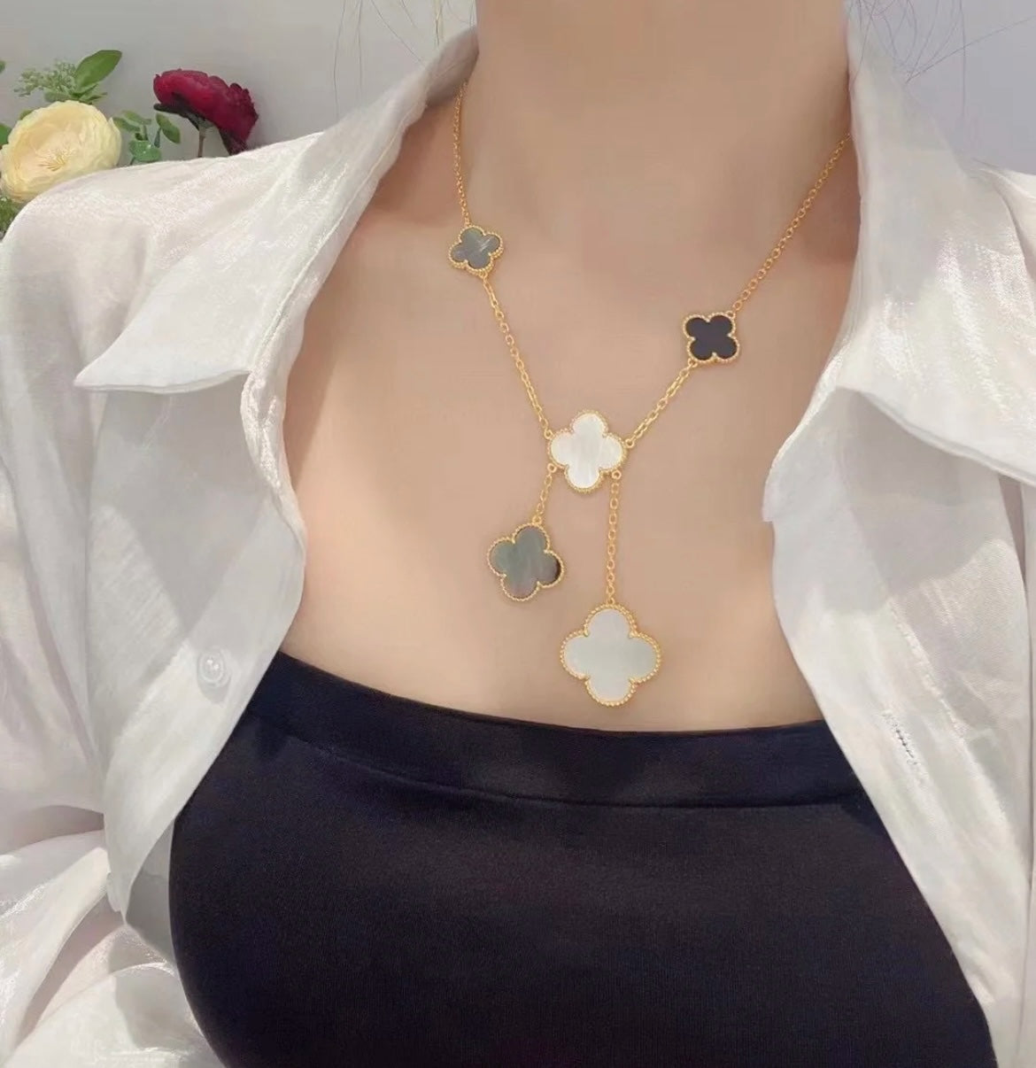 [Imperial] CLOVER 6 MOTIF MOP ONYX GOLD NECKLACE