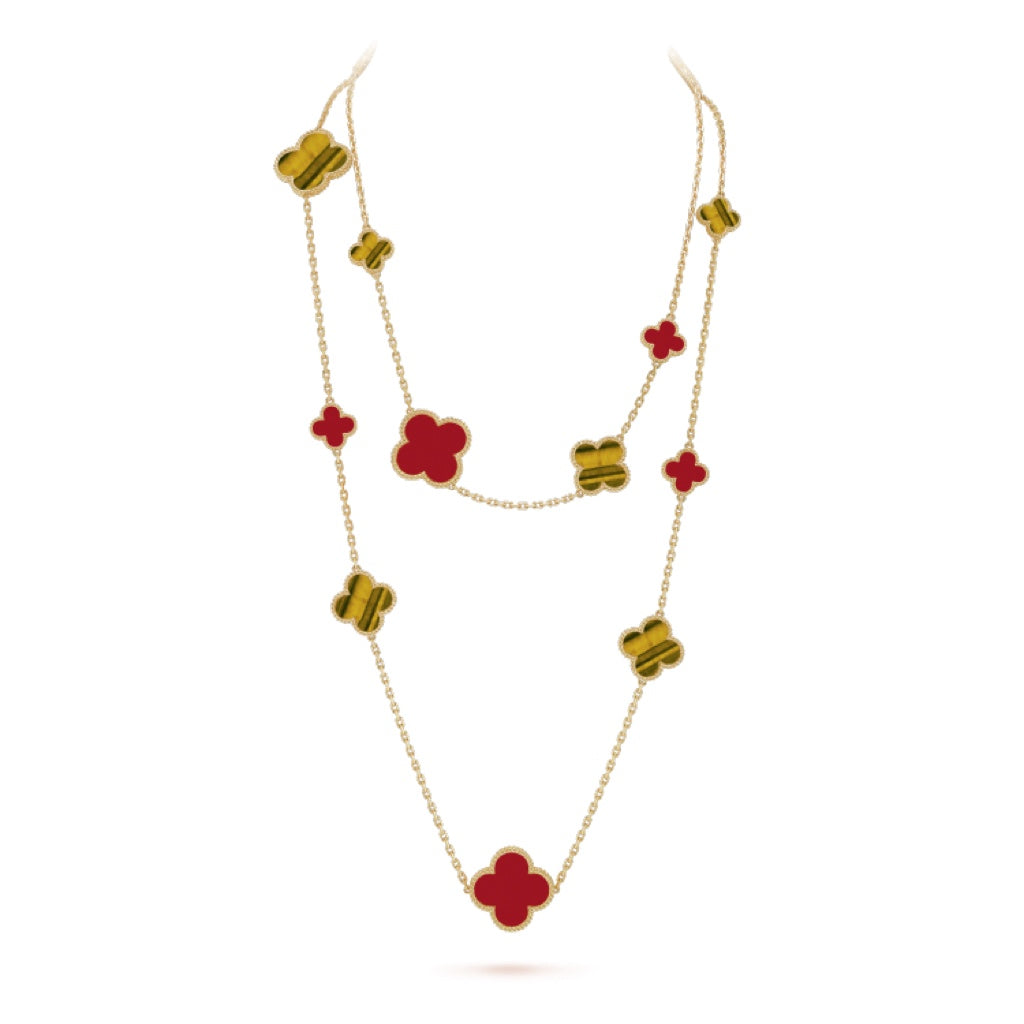 [Imperial] CLOVER 16 MOTIF CARNELIAN TIGER EYE ROSE GOLD NECKLACE