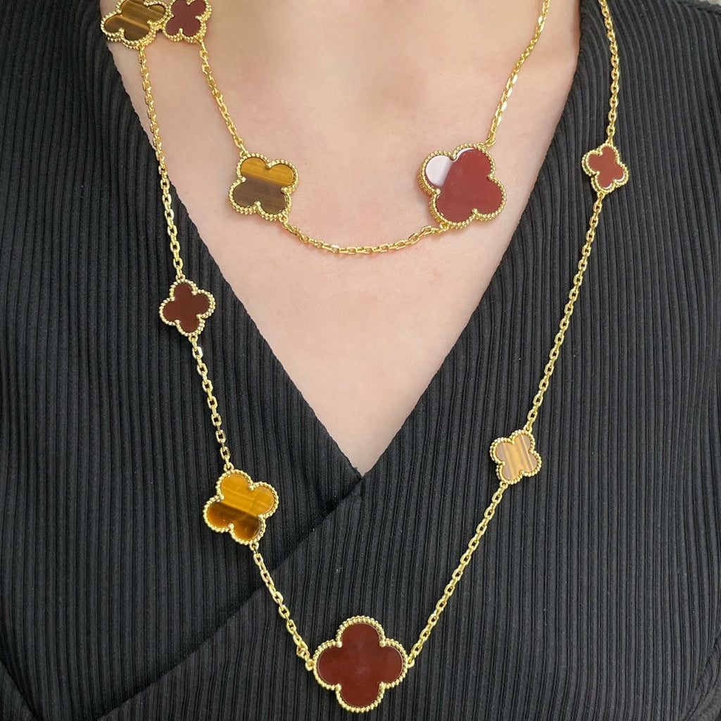[Imperial] CLOVER 16 MOTIF CARNELIAN TIGER EYE ROSE GOLD NECKLACE
