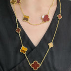 [Imperial] CLOVER 16 MOTIF CARNELIAN TIGER EYE ROSE GOLD NECKLACE