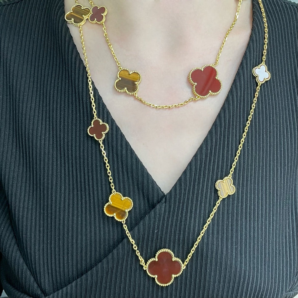 [Imperial] CLOVER 16 MOTIF CARNELIAN TIGER EYE ROSE GOLD NECKLACE