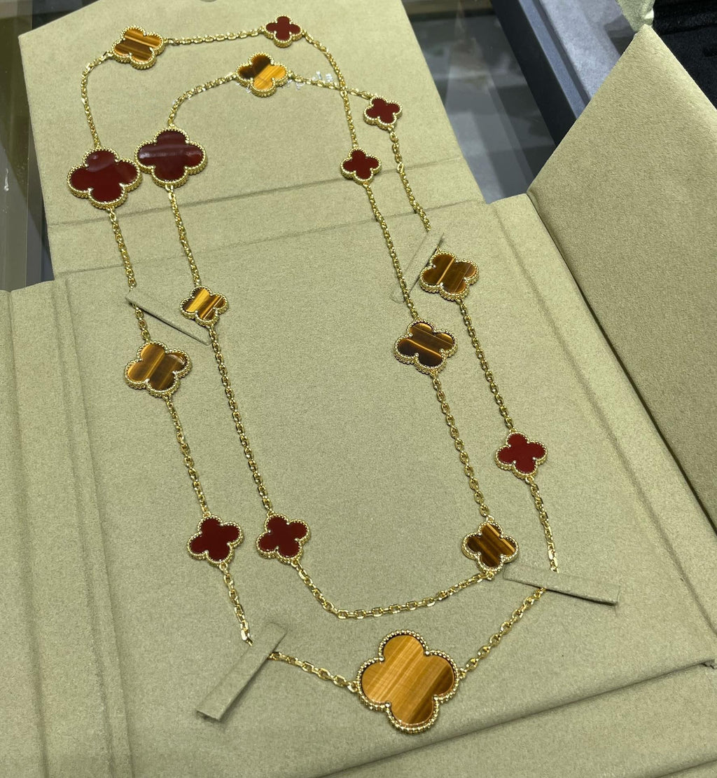 [Imperial] CLOVER 16 MOTIF CARNELIAN TIGER EYE ROSE GOLD NECKLACE