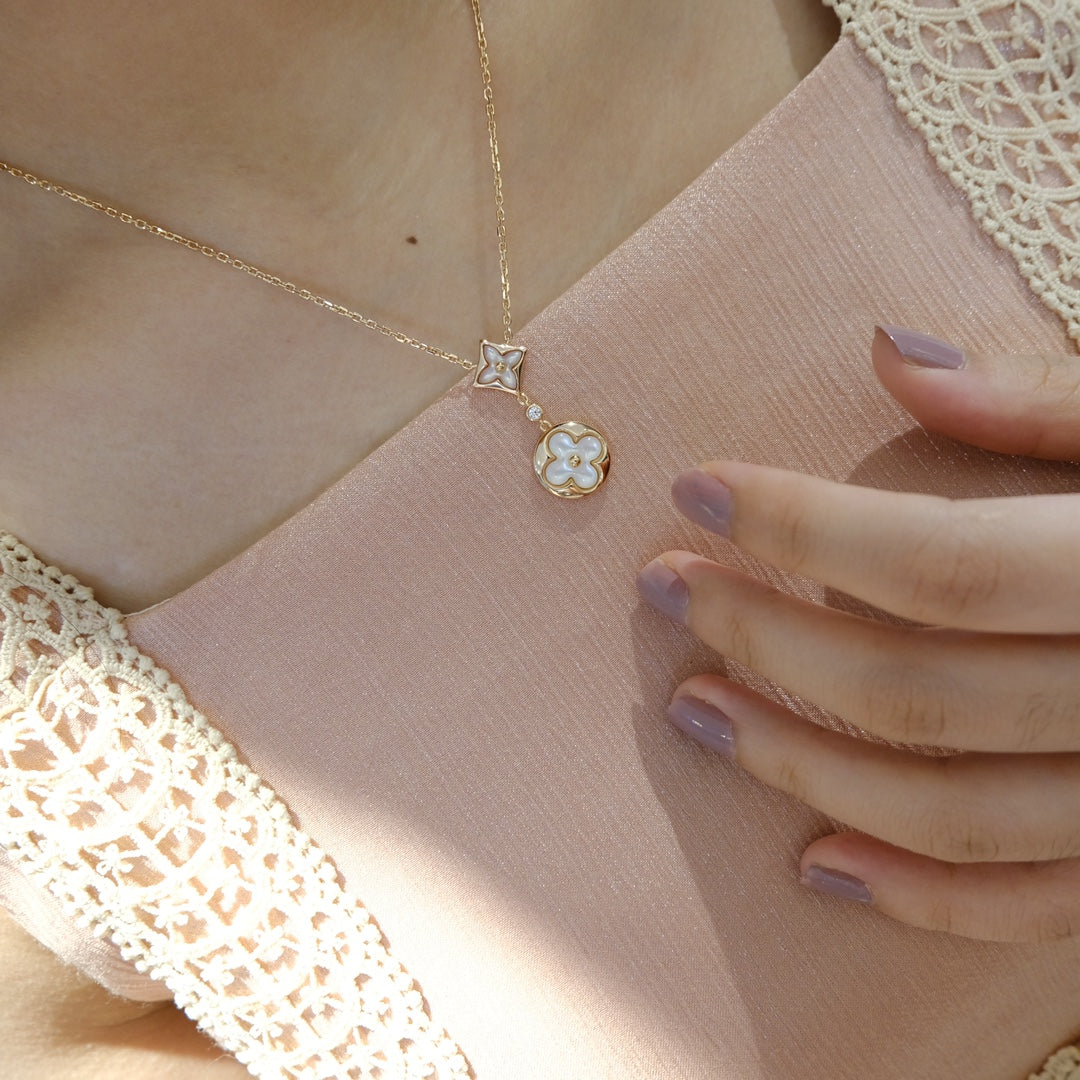 [Imperial] STAR AND SUN WHITE MOP 2 MOTIF PINK GOLD NECKLACE