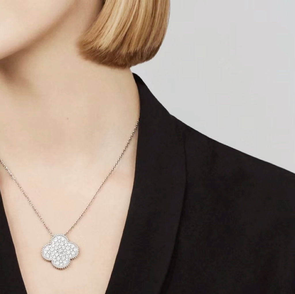[Imperial] CLOVER 25MM LARGE PENDANT DIAMOND PAVED SILVER NECKLACE