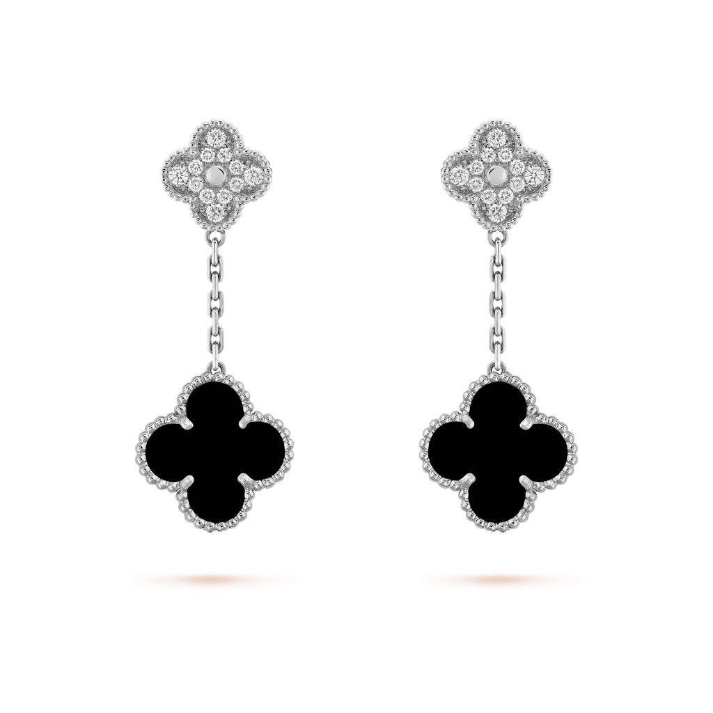 [Imperial] CLOVER 2 MOTIFS  DIAMOND ONYX EARRINGS SILVER