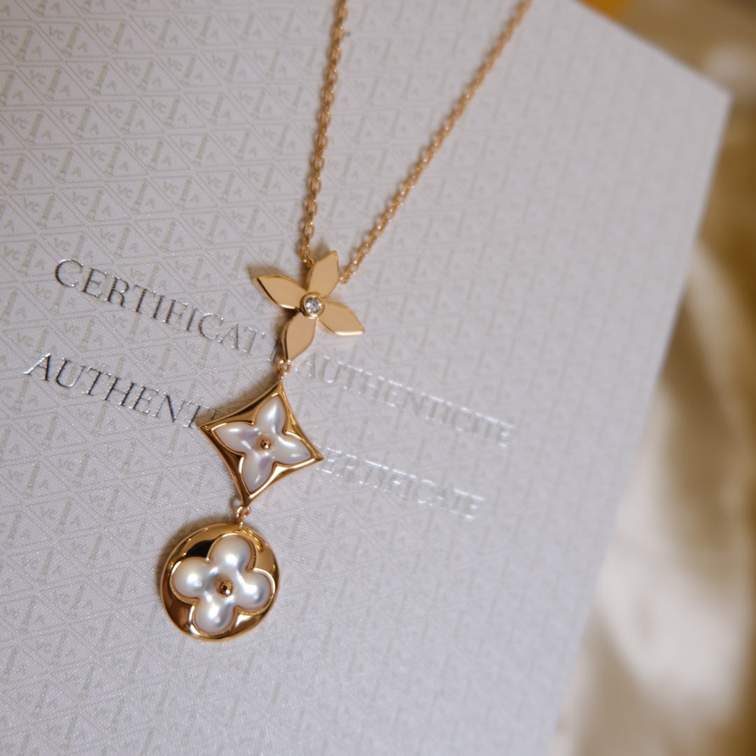 [Imperial] COLOR BLOSSOM LARIAT NECKLACE PINK GOLD WHITE MOTHER PEARL AND DIAMOND