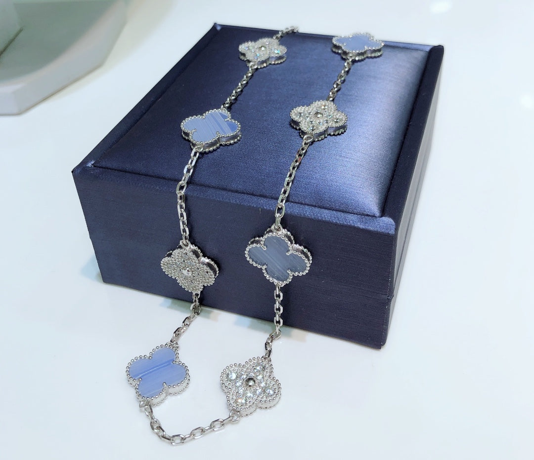 [Imperial] CLOVER 10 MOTIFS CHALCEDONY DIAMONDS SILVER NECKLACE